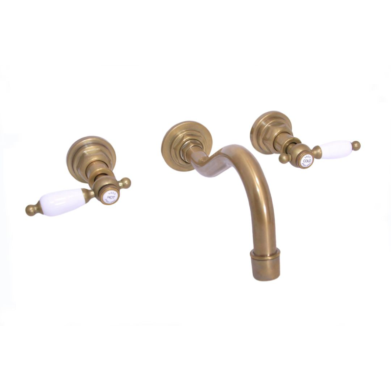 Antique Brass wall mounted basin mixer 3 tap hole white lever