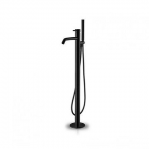 Freestanding bath mixer stainless steel with diverter cartridge and hand shower, structured black